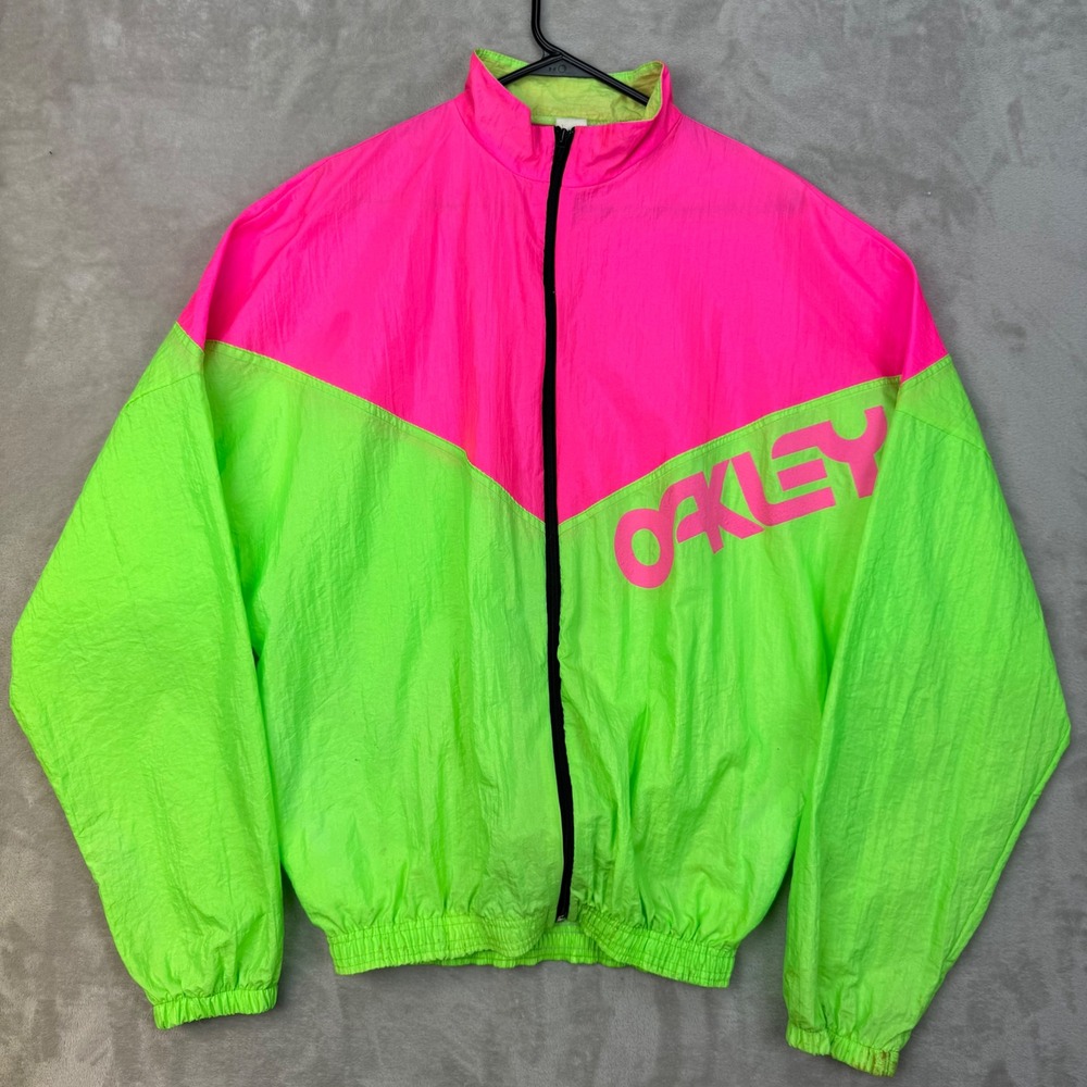 (Flaws) Oakley Windbreaker Jacket Mens OS Pink Green Oversized Vintage 90s Neon